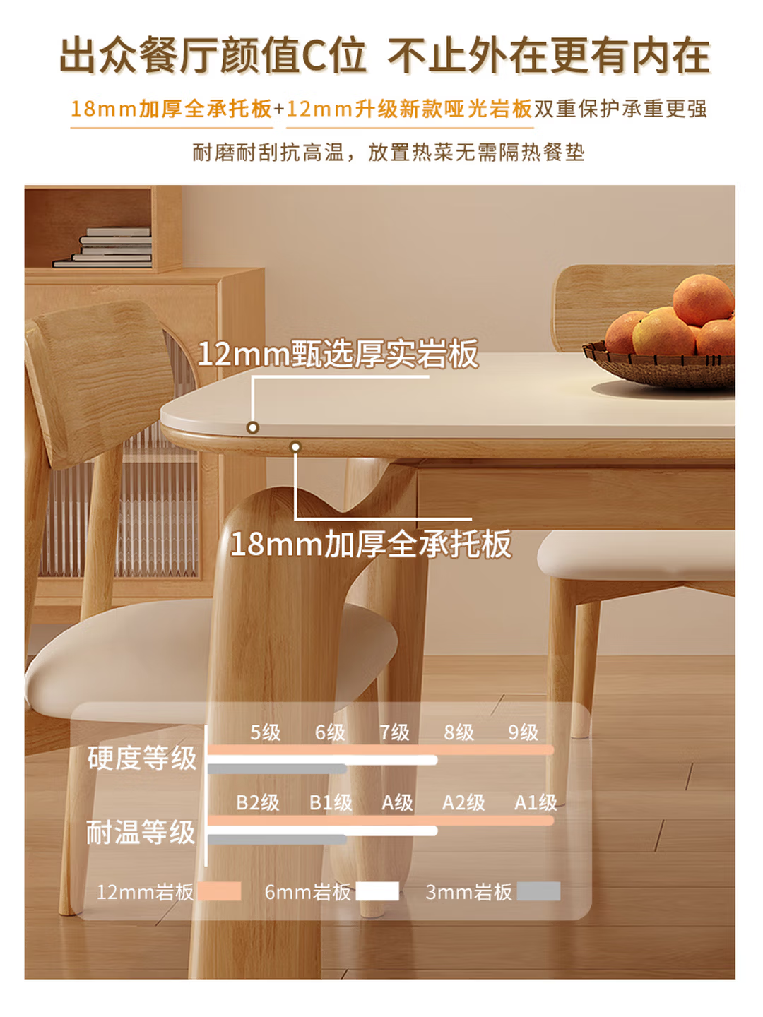晨巢餐桌 奶油风岩板实木餐桌饭桌家用客厅小户型长方形餐桌椅组合 原木色-哑光纯白-软包羊角椅 1.38m 一桌四椅
